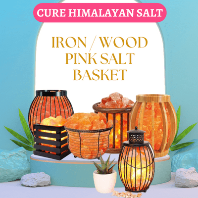 iron and wood basket pink salt lamp with chunks